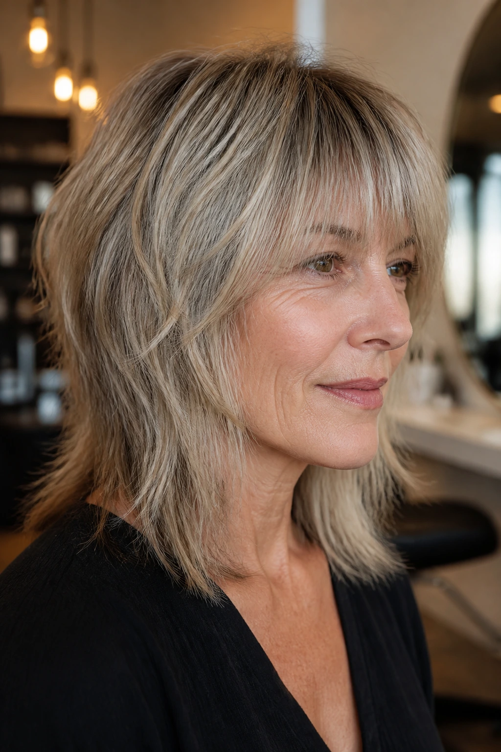 Close-up of real woman with straight dense hair in razor shag