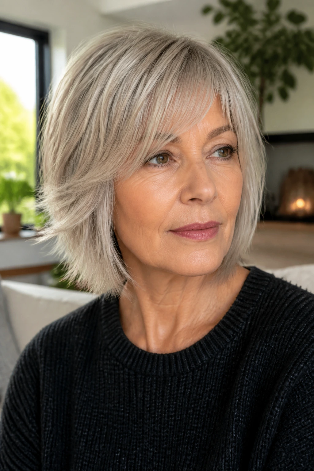 Close-up portrait of a real woman with Straight-Hair Razor Shag with a Sharp Swing hairstyle in natural window light.