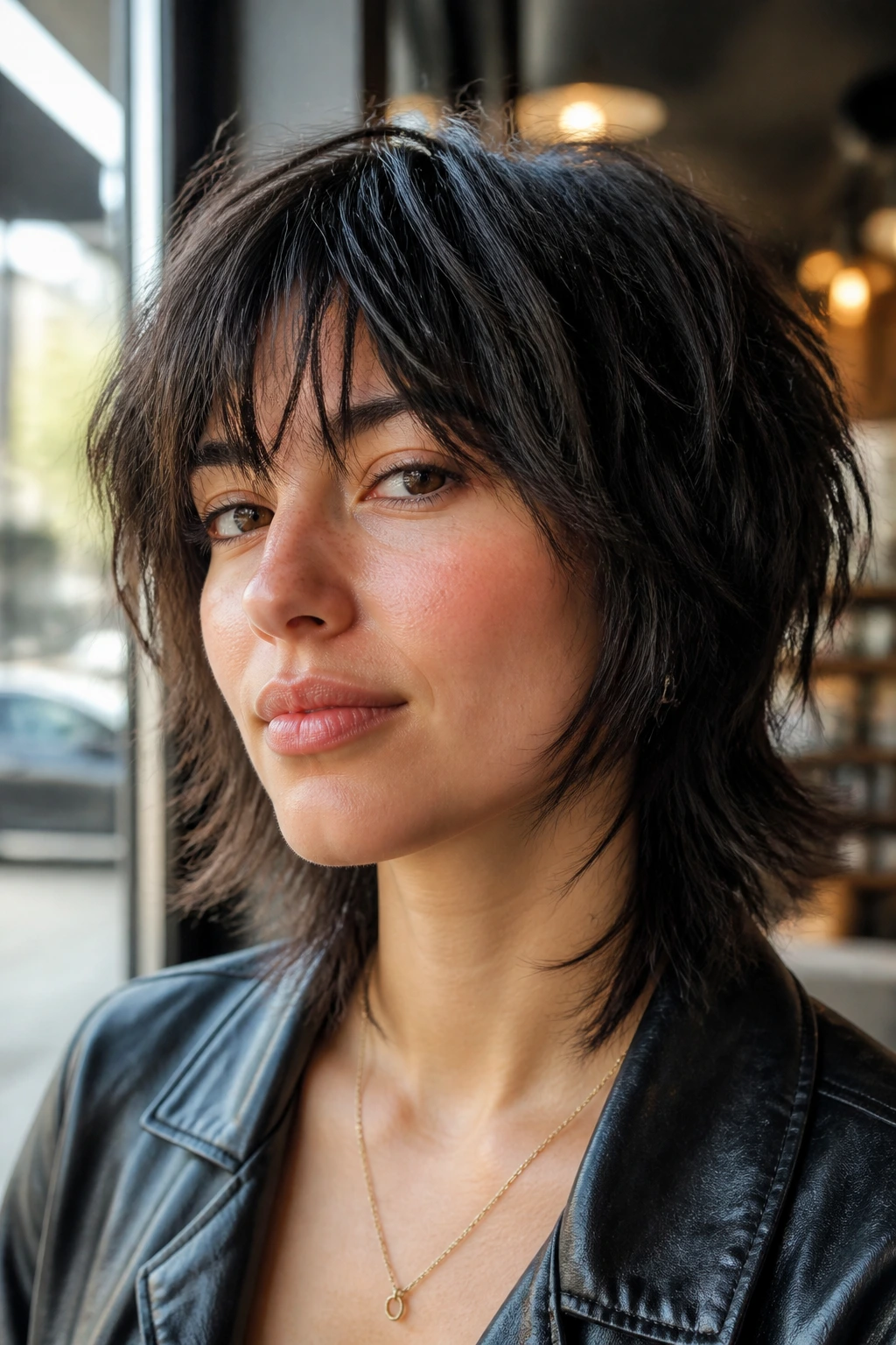 Close-up portrait of a real person with Thick-Hair Razor Shag showing weight removal and broken ends