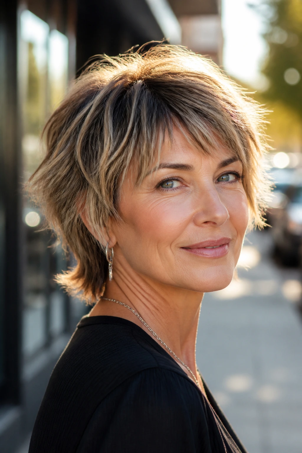 Portrait of a woman with a razor-cut mini shag, showing textured layers and short length.