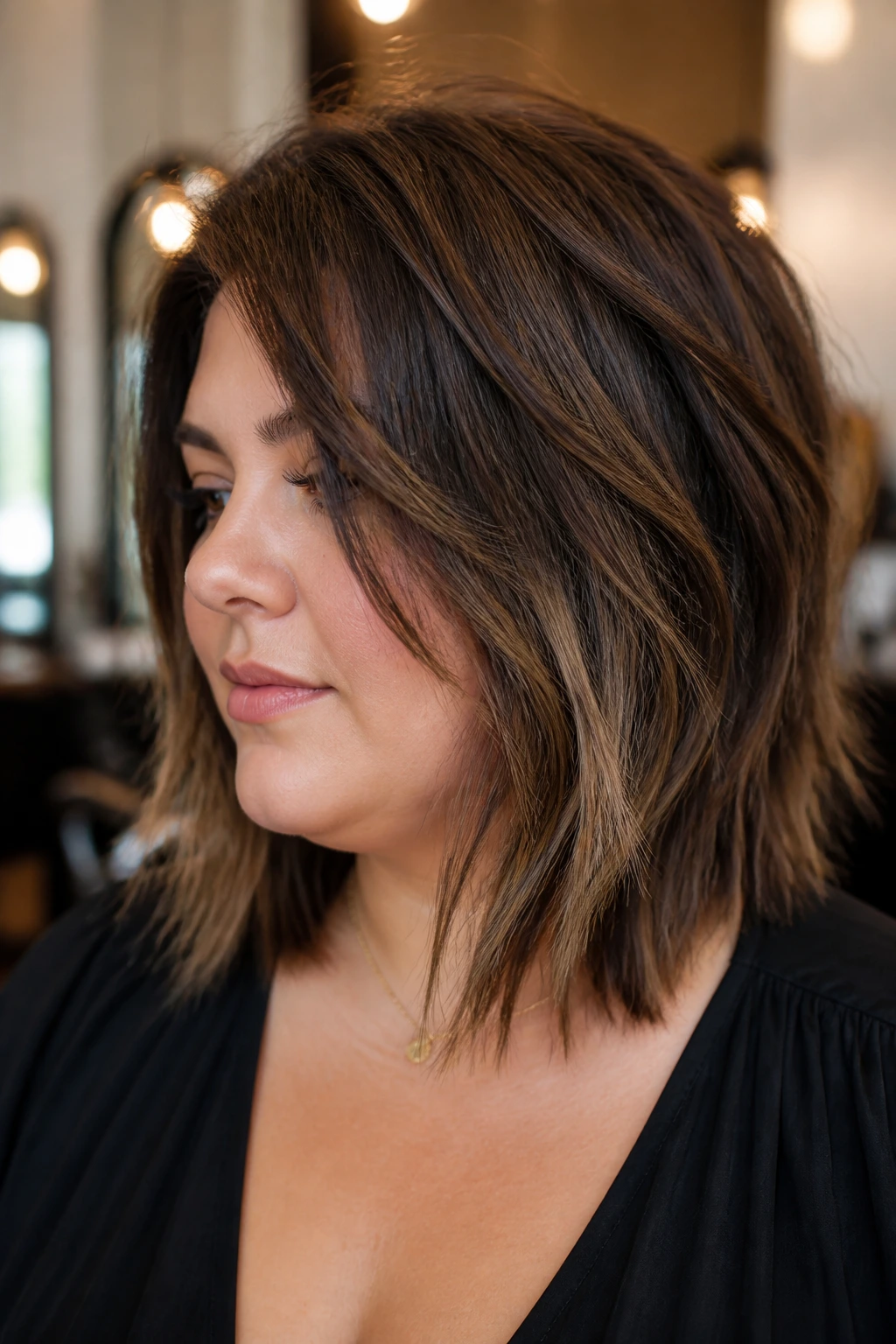 Close-up portrait of a real woman with razor-cut shag lob showing textured ends and lifted crown.