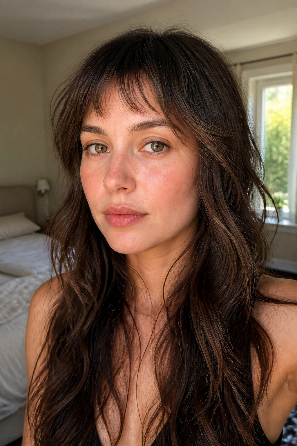 Close-up portrait of a woman with razor-cut fringe and soft waves, warm window light.