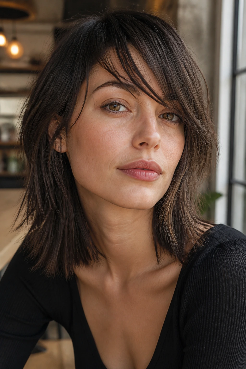 Real woman with razor-cut angled bangs showing texture and movement