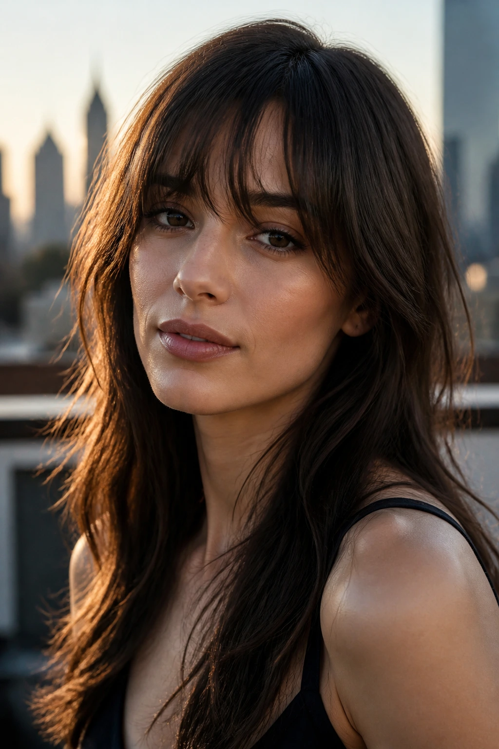 Real woman with razor-sliced bangs on a rooftop at golden hour