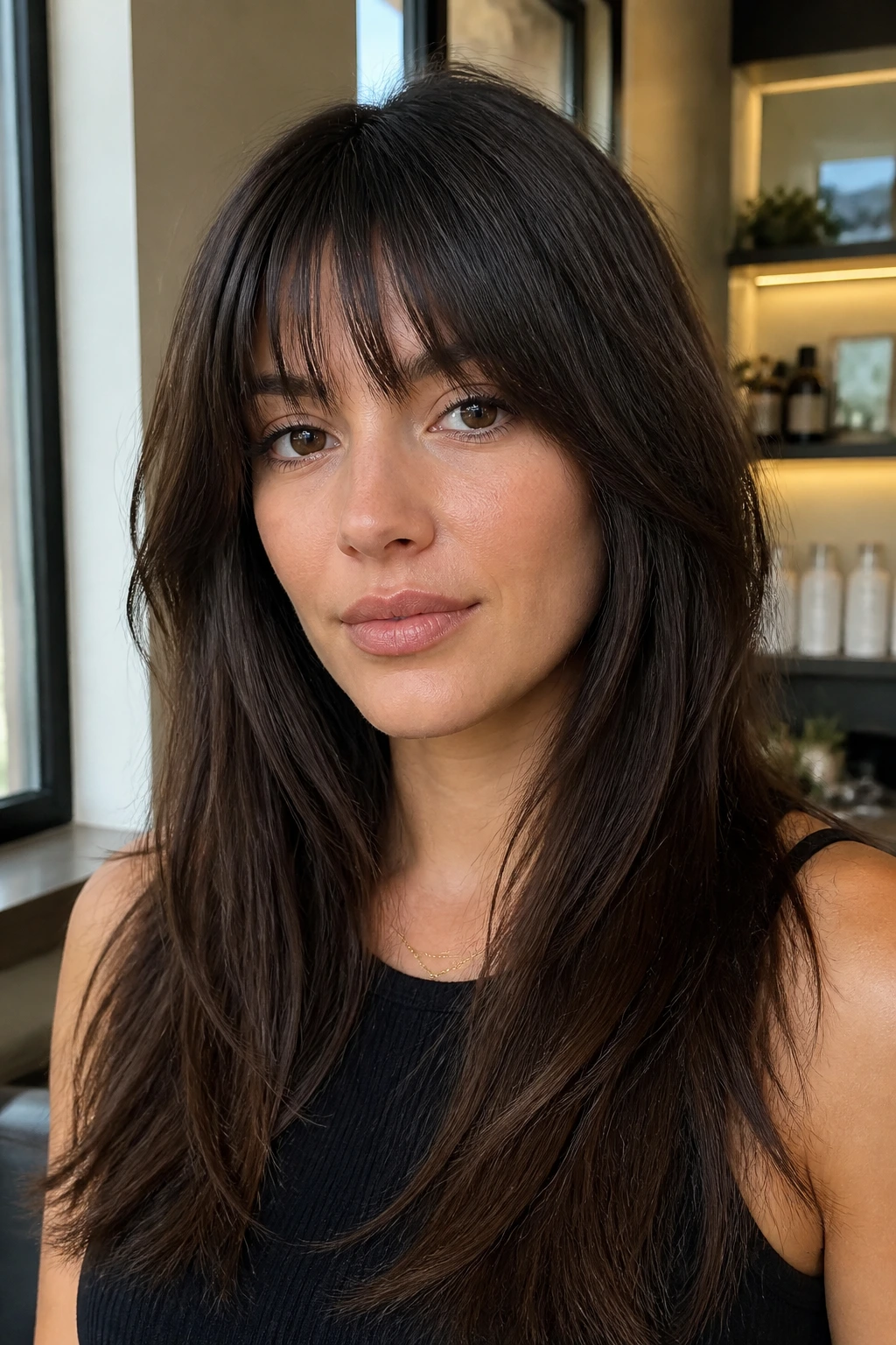 Close-up of a real person with razor-sliced fringe on thick hair