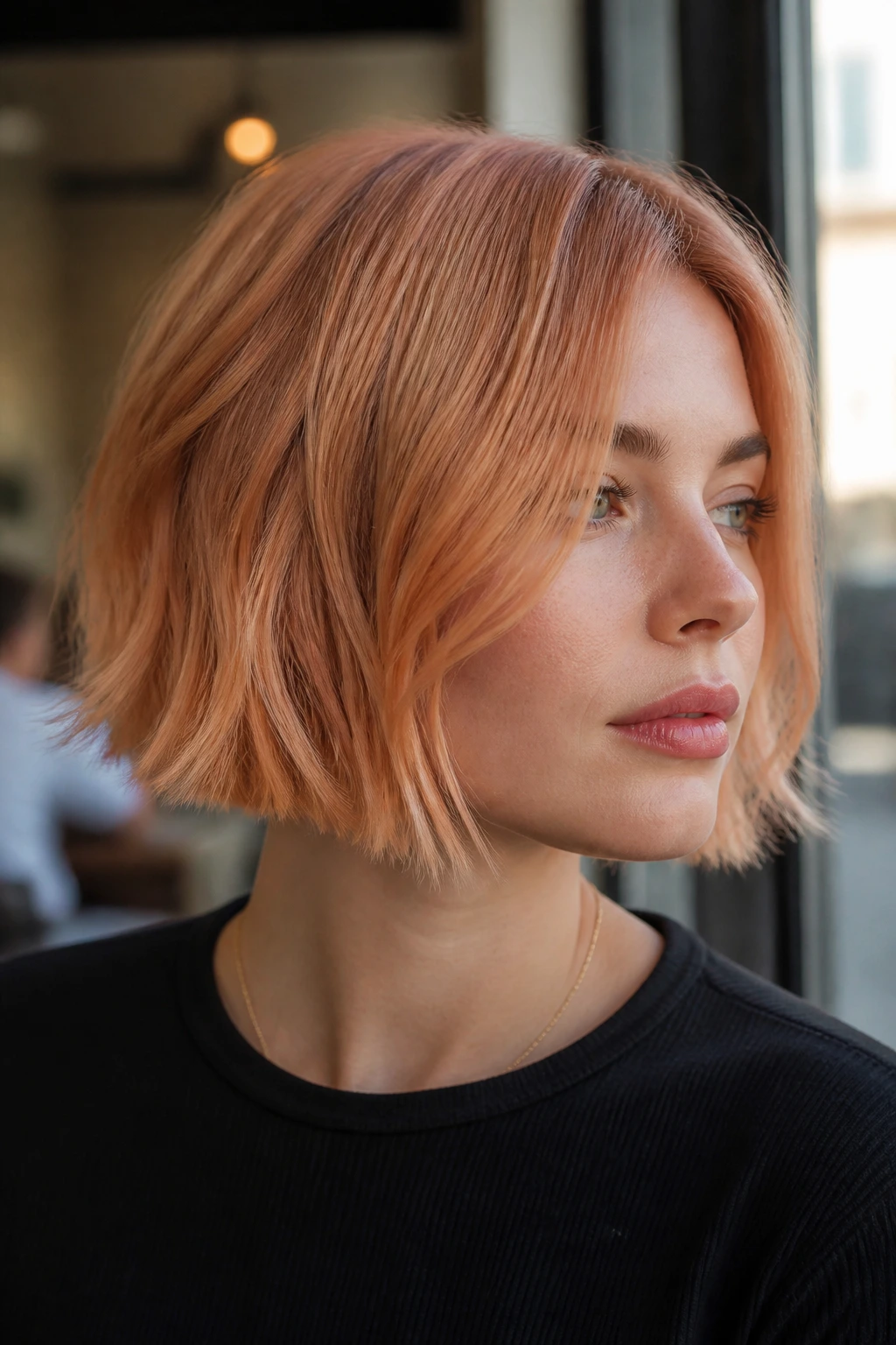 Portrait of a real woman with razor-soft bob and choppy ends in strawberry blonde