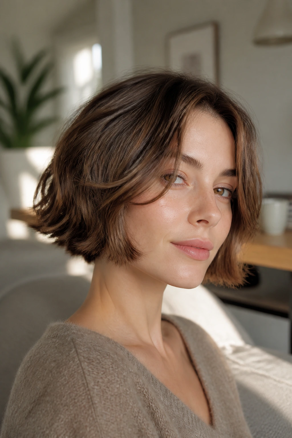 Close-up of a real woman with a razor-soft bob