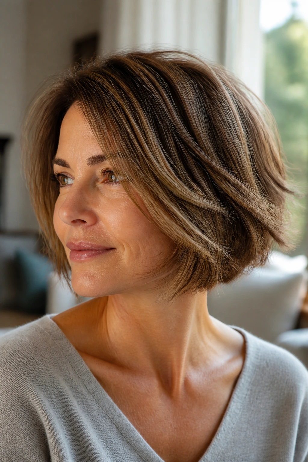 Close-up portrait of a real woman with razor-soft bob and airy ends on thick hair