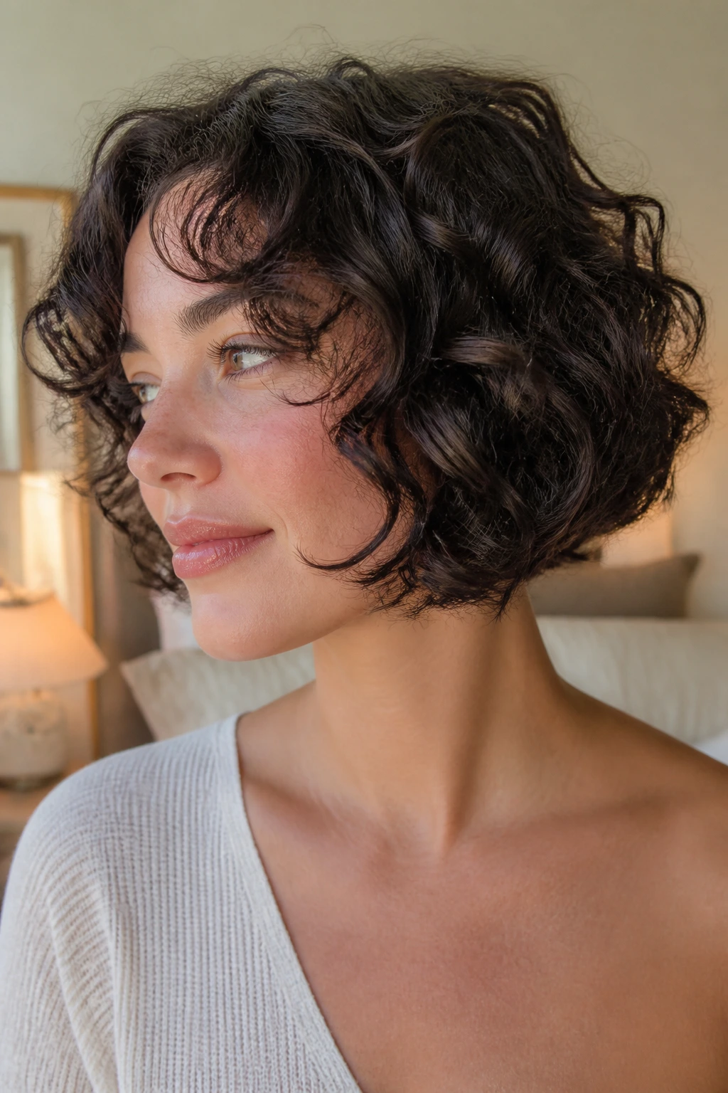 Close-up of a real woman with razor-soft ends on a French bob.