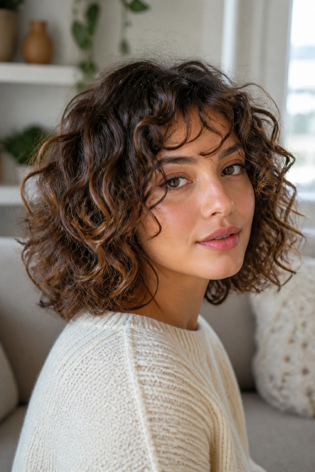 Close-up of a real woman with Curly Lob With Razor-Soft Ends showing feathered ends
