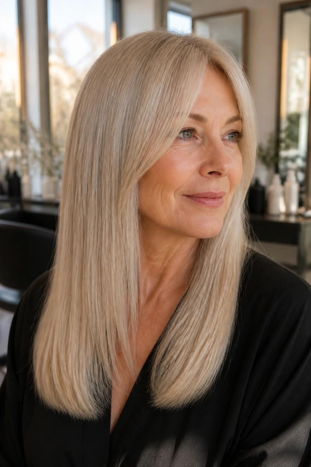 Close-up portrait of a real woman with razor-soft ends on fine straight hair in a salon