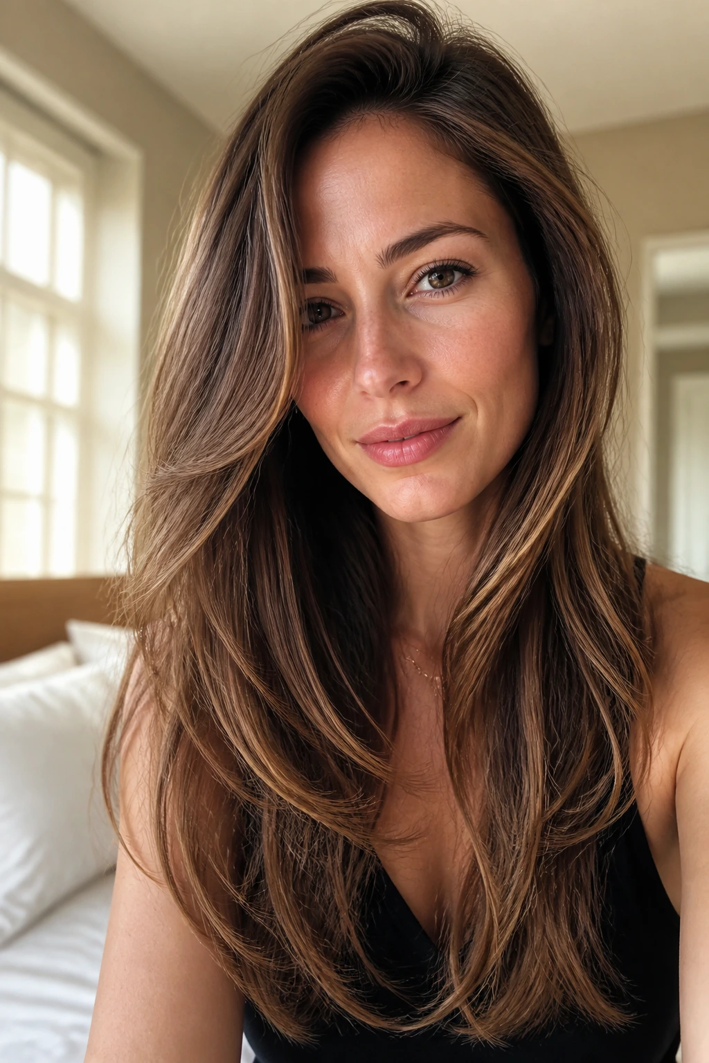 Close-up portrait of a real woman with long razor-softened ends on the hair