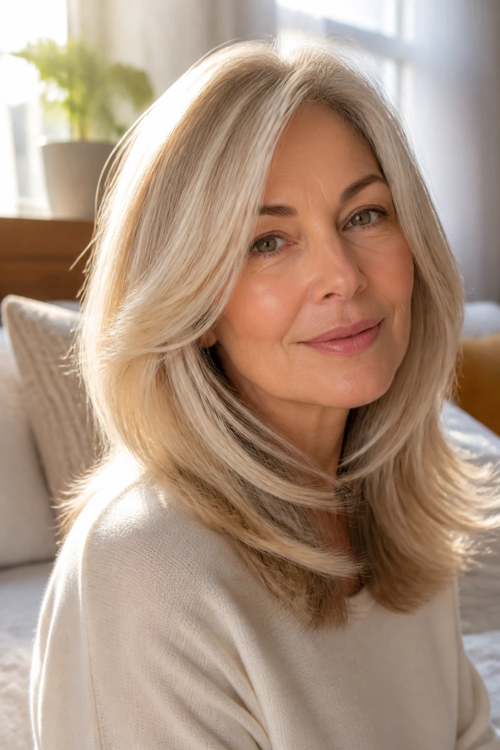 Close-up portrait of a real woman with razor-soft ends and a smooth blowout in warm window light
