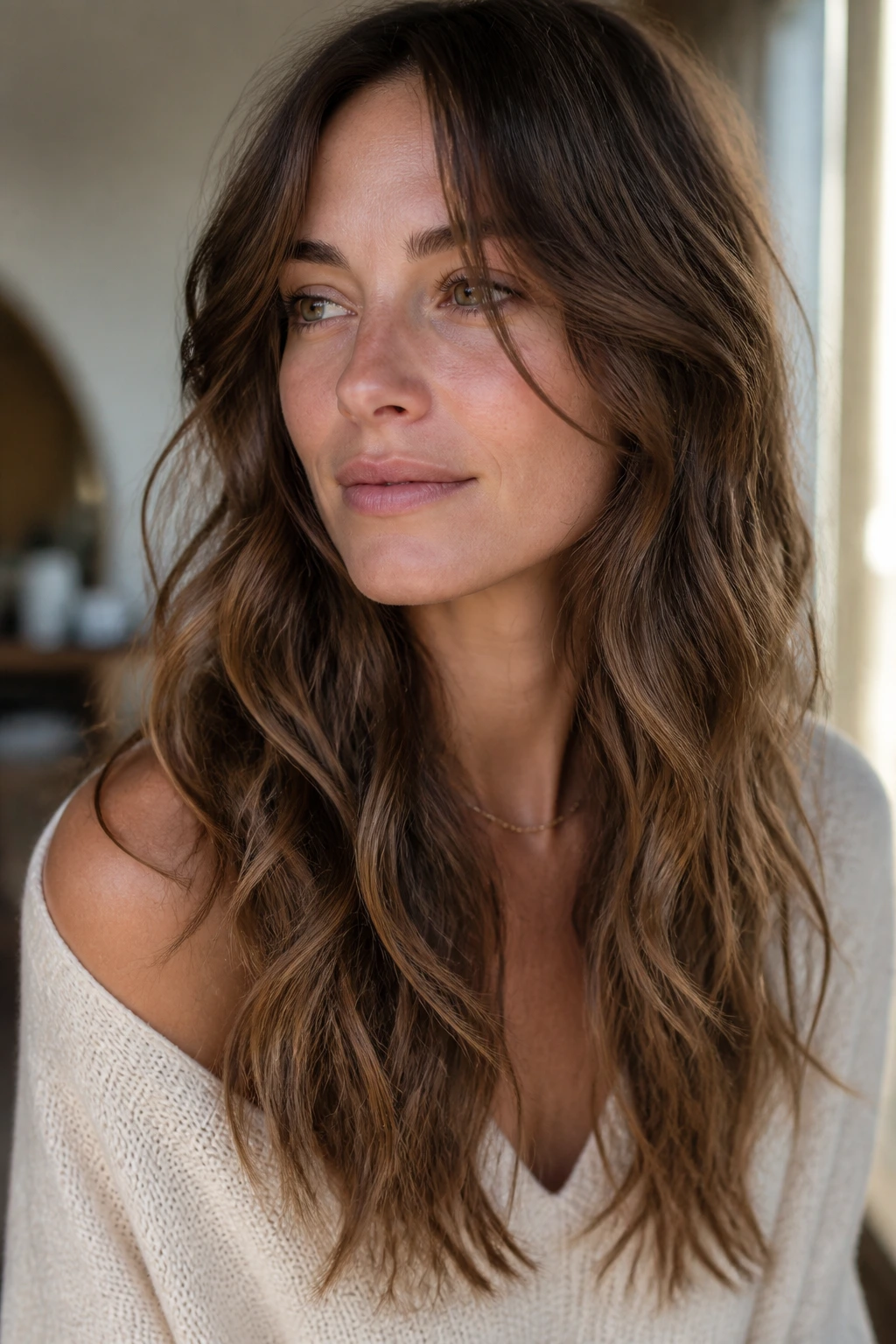 Close-up portrait of a real woman with wavy hair showing razor-soft ends and piecey texture