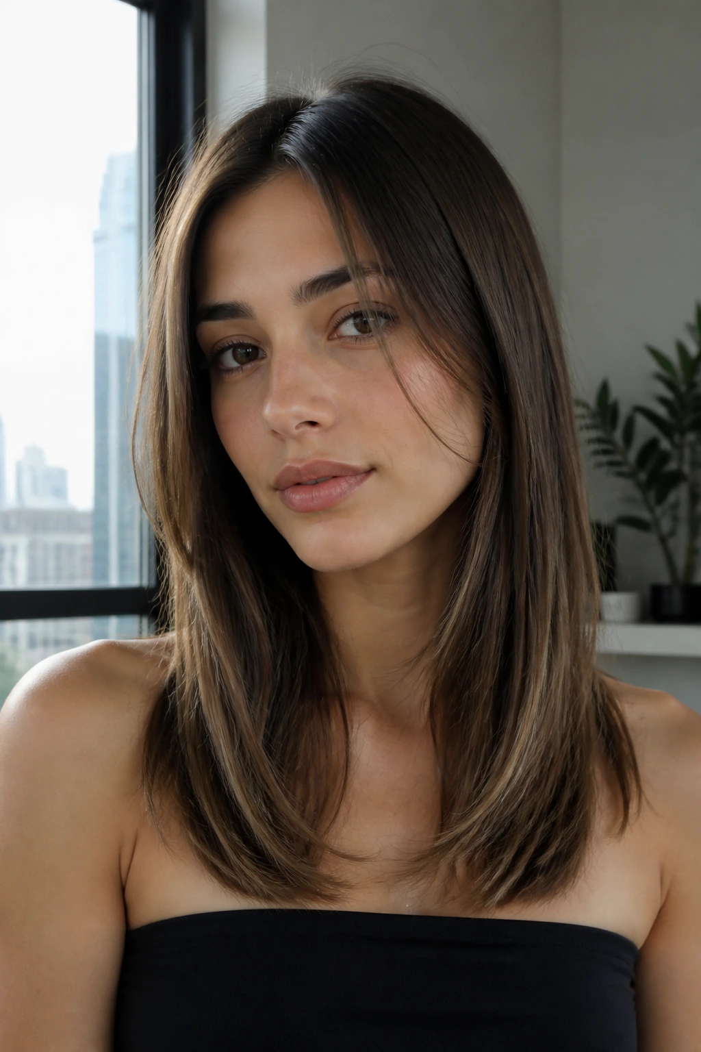 Close-up portrait of a real woman with straight hair and razor-soft feathering at the ends