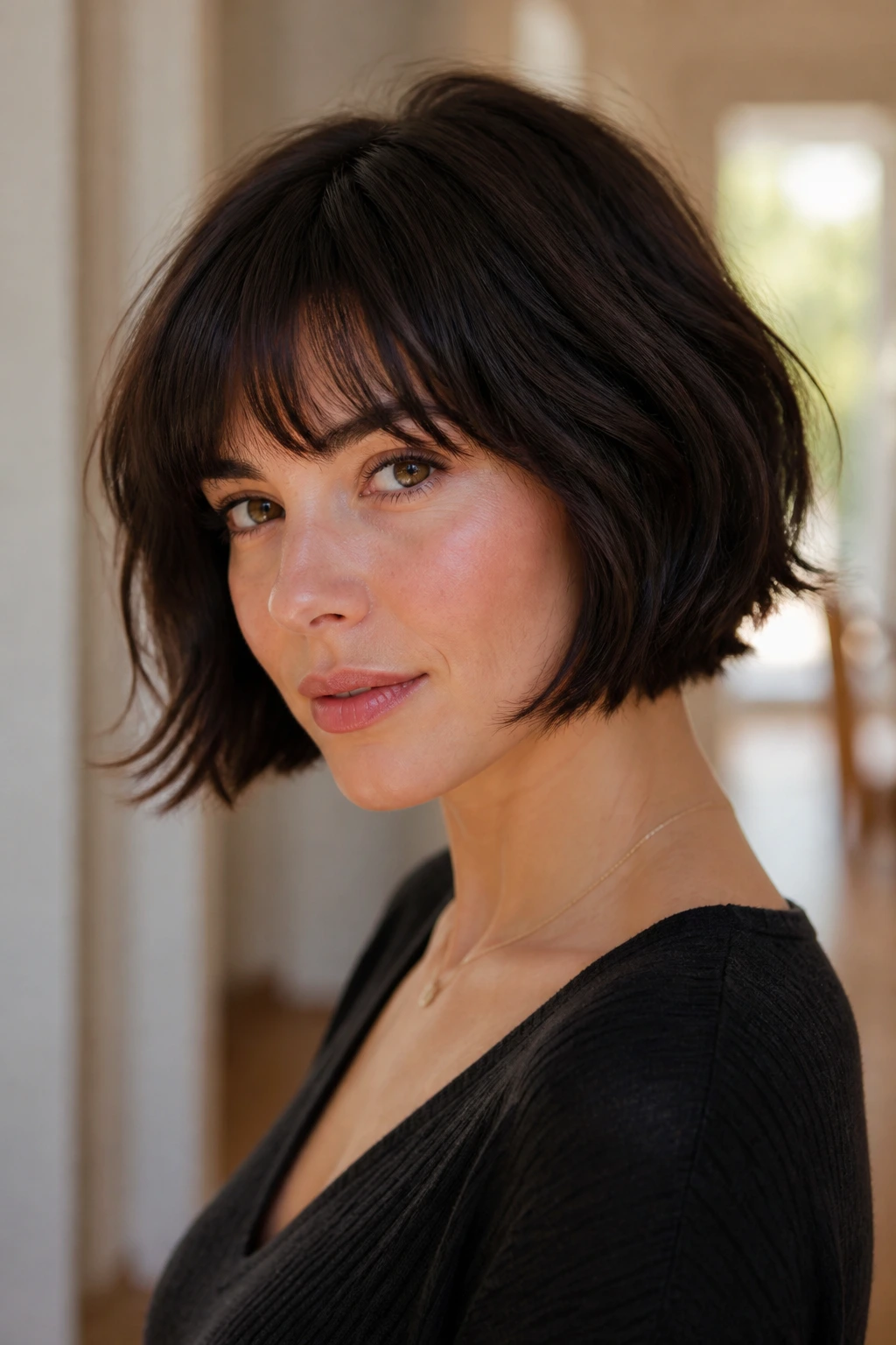 Close-up portrait of a real woman with razor-soft French bob showing feathered ends
