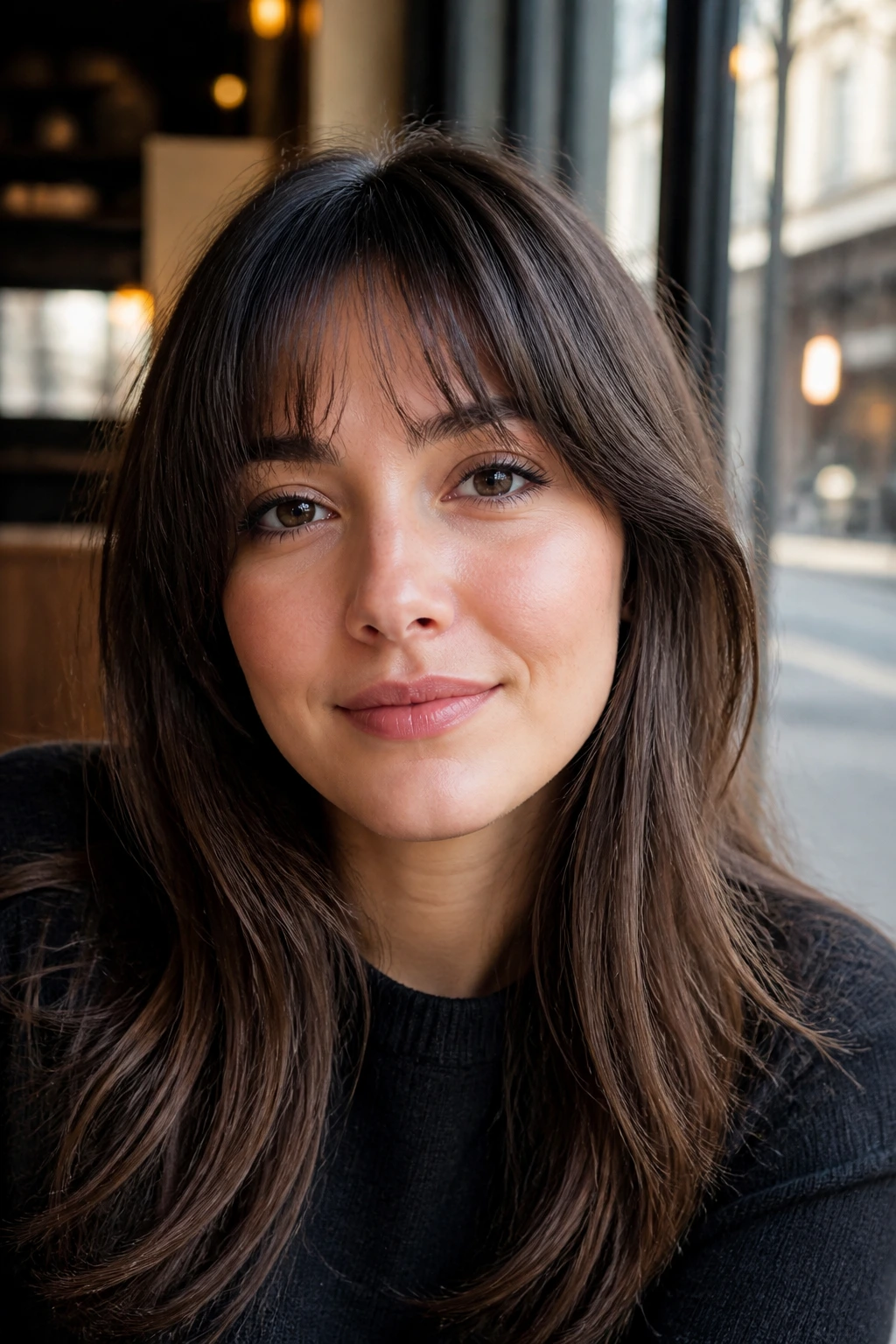 Close-up portrait of a real woman with razor-soft French fringe in warm window light