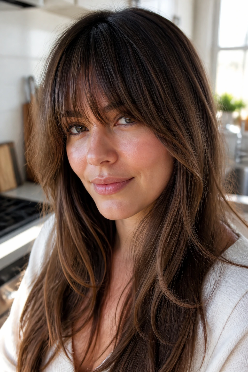 Close-up of a real woman with razor-soft heavy fringe
