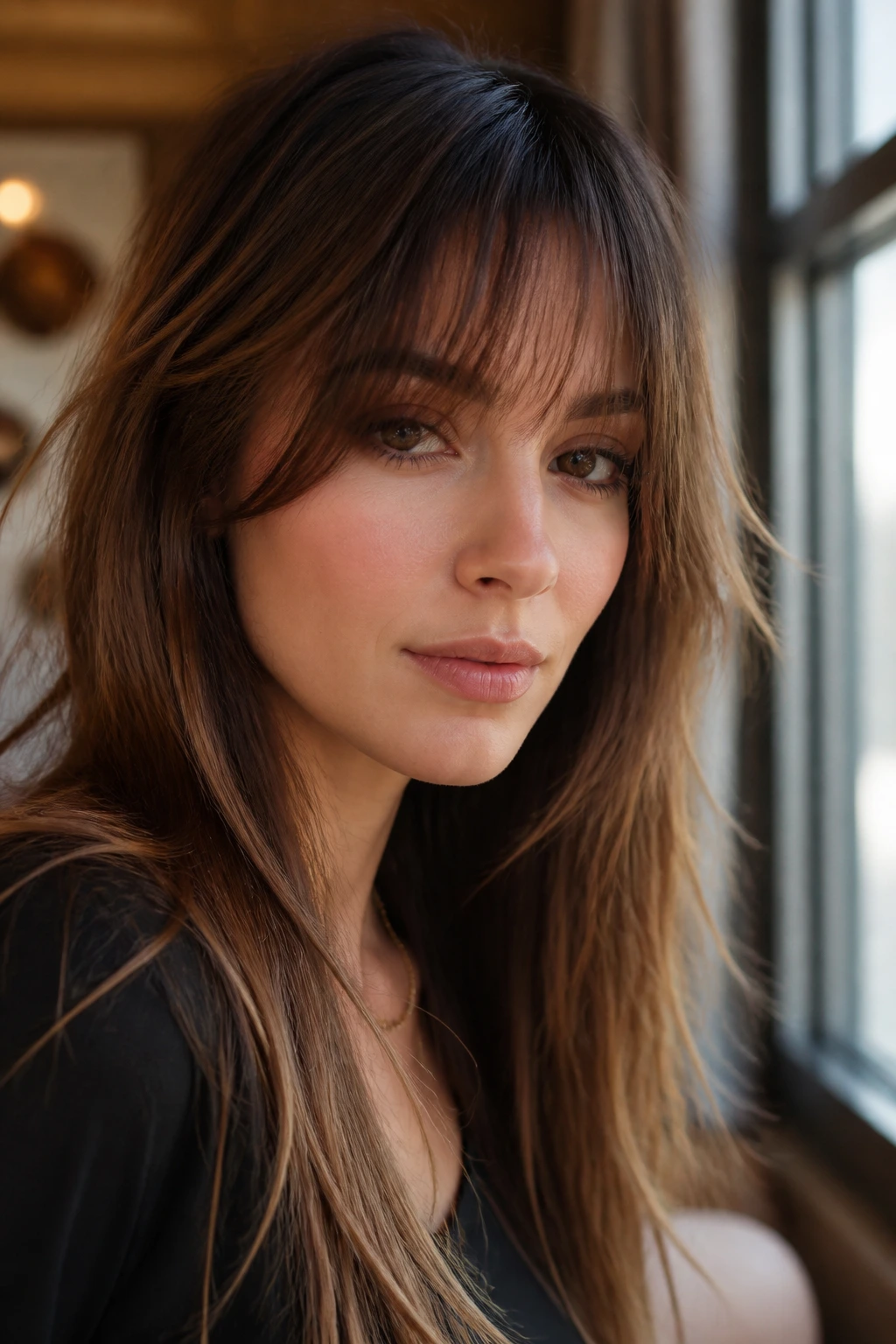 Close-up of a real woman with feathered razor-soft fringe under soft indoor light