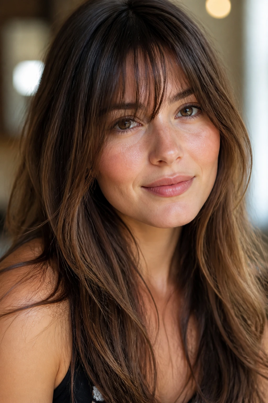 Close-up of razor-soft fringe with feathered ends on a real person.
