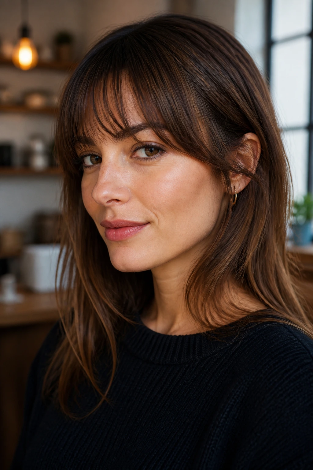 Close-up portrait of a real woman with a razor-soft fringe and soft textured edges.