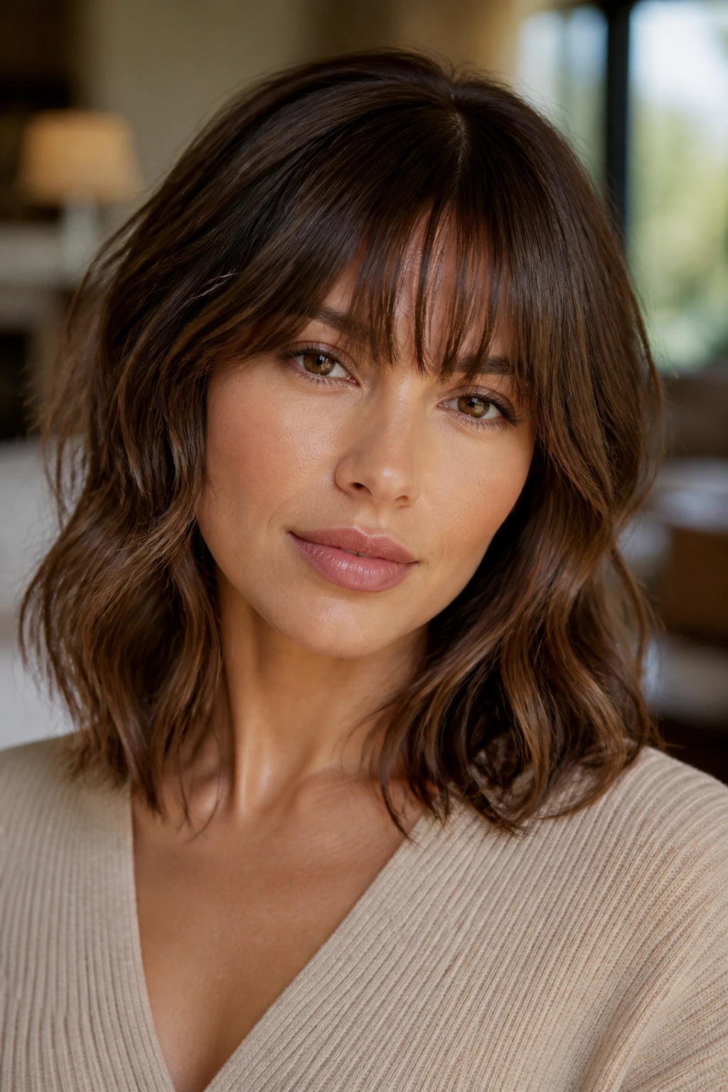 Close-up portrait of a real woman with a razor-cut fringe, soft movement, in a warm indoor setting.