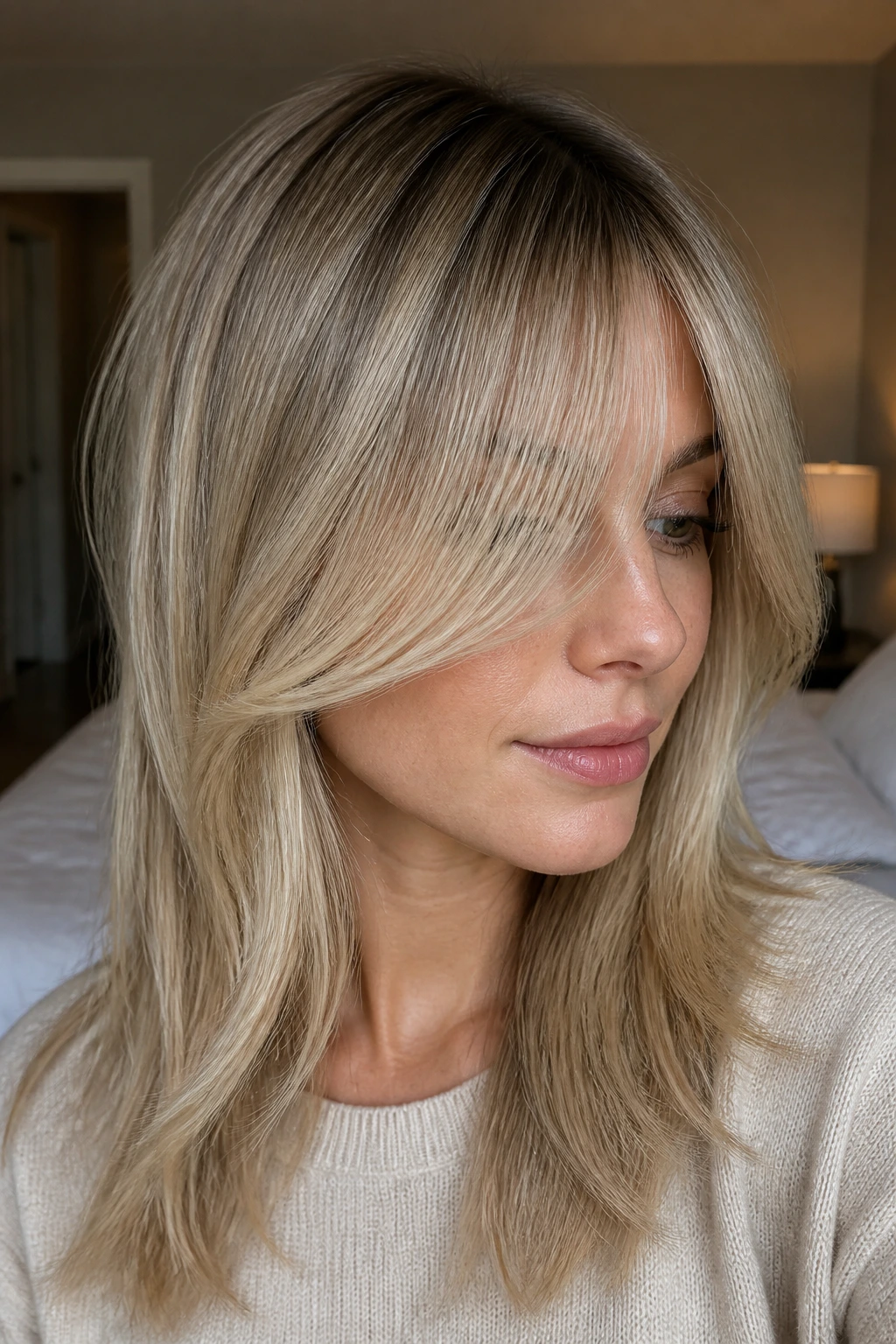 Close-up of a real woman with razor-soft fringe and root shadow in warm natural light