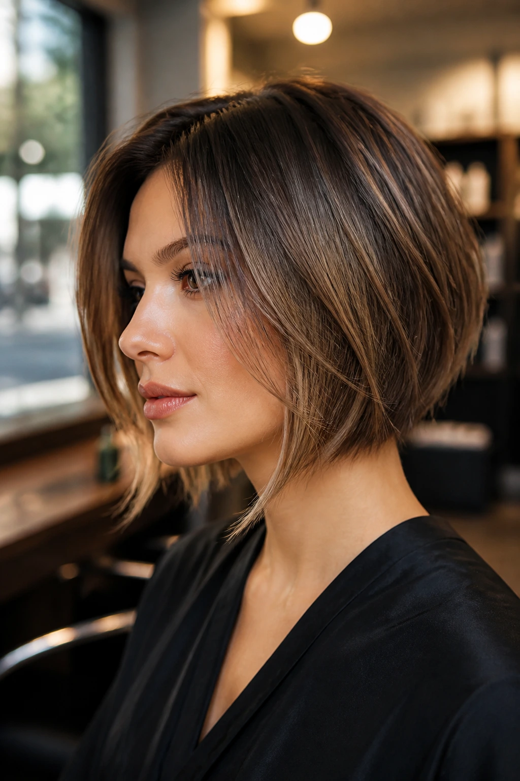 Portrait of a woman with razor-soft inverted bob and airy ends