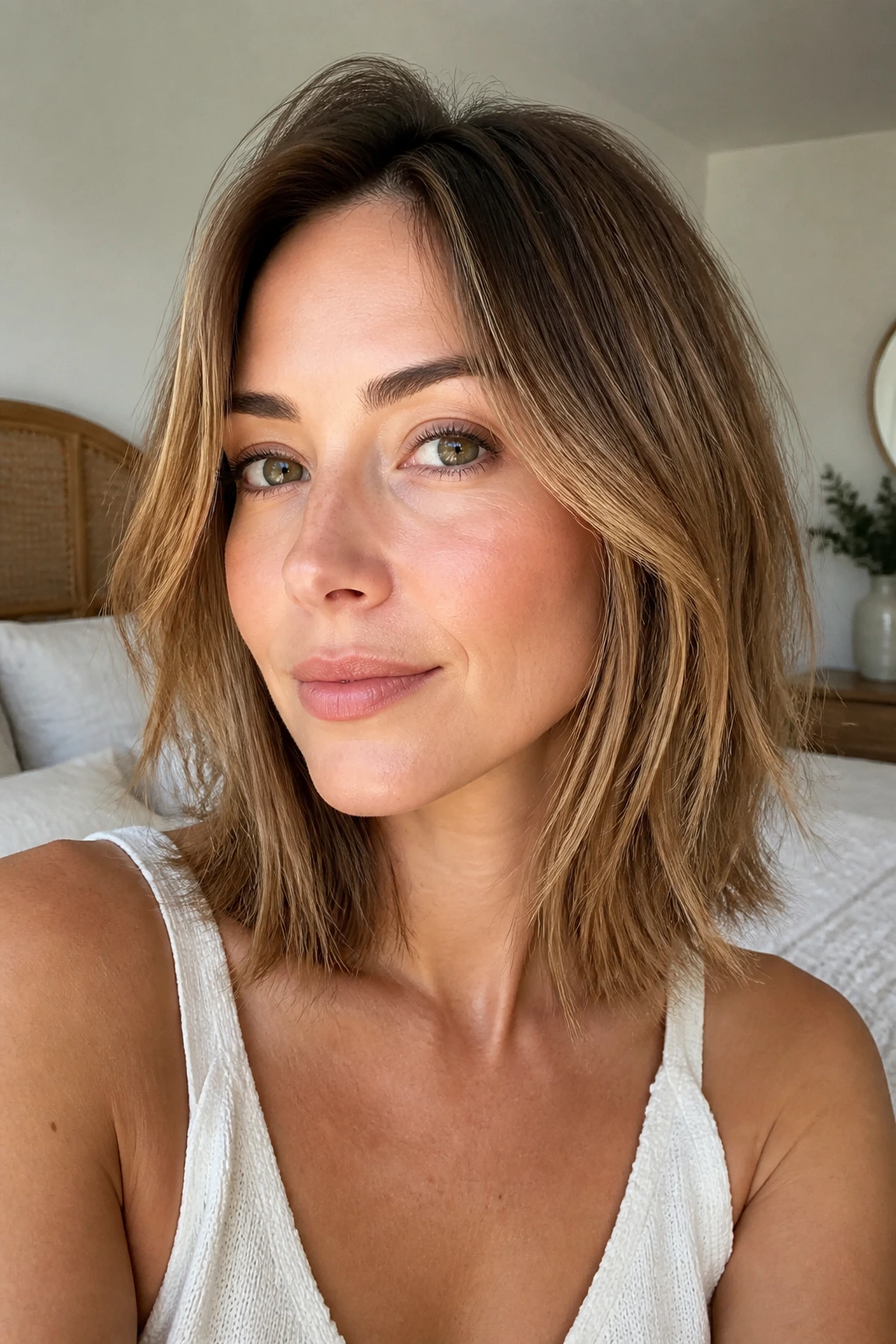 Close-up of a real woman with razor-soft layered lob and airy ends