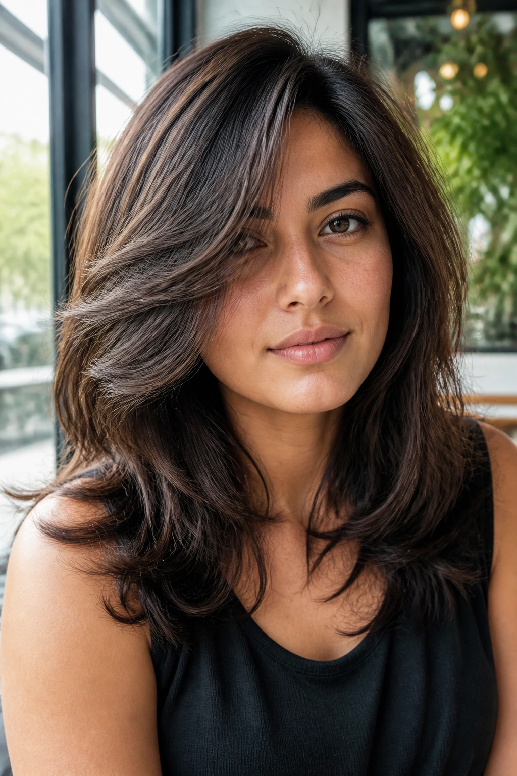 Real woman with dense hair and razor-soft layers, close-up