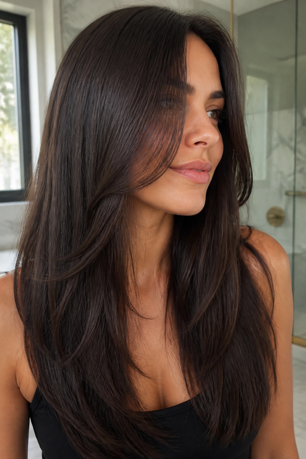 Close-up of a real woman with razor-soft layers on thick straight hair