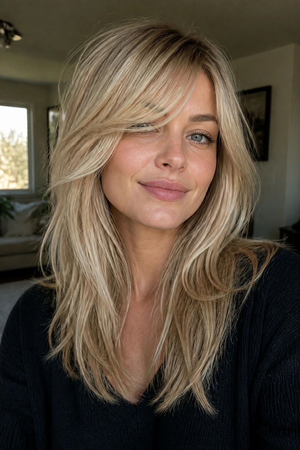 Close-up of a real woman with razor-soft layers and a piecey side fringe in natural light.