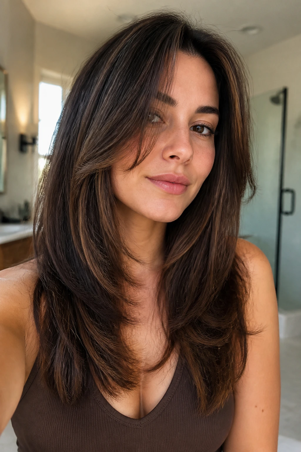 Close-up portrait of a real woman with razor-soft layers on straight thick hair.