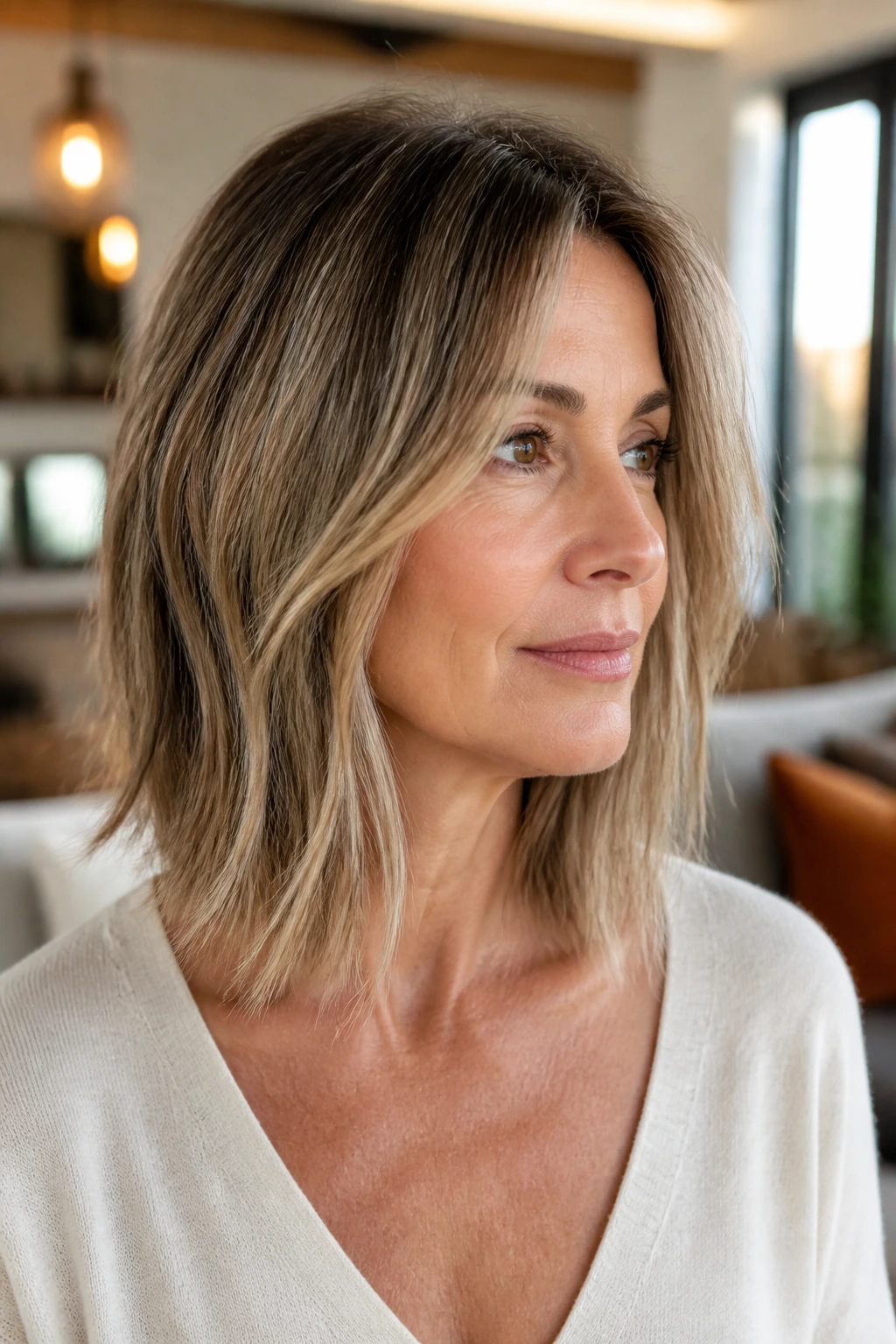 Close-up portrait of a real woman with a razor-soft lob and choppy ends