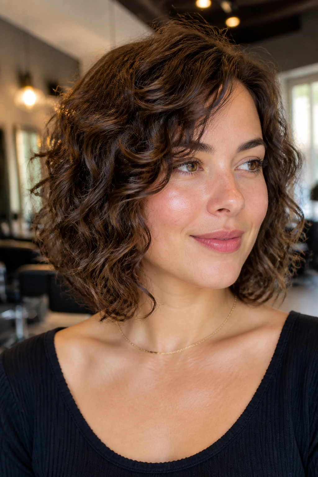 Close-up of real woman with curly hair showing razor-soft lob interior movement.