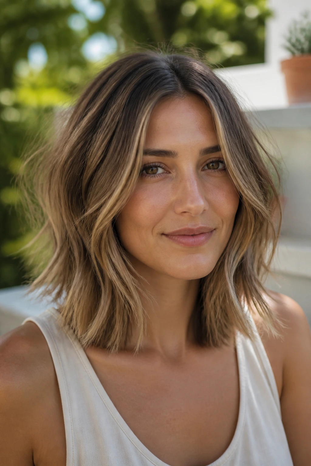Close-up of real woman with razor-soft lob and feathered ends; soft waves.
