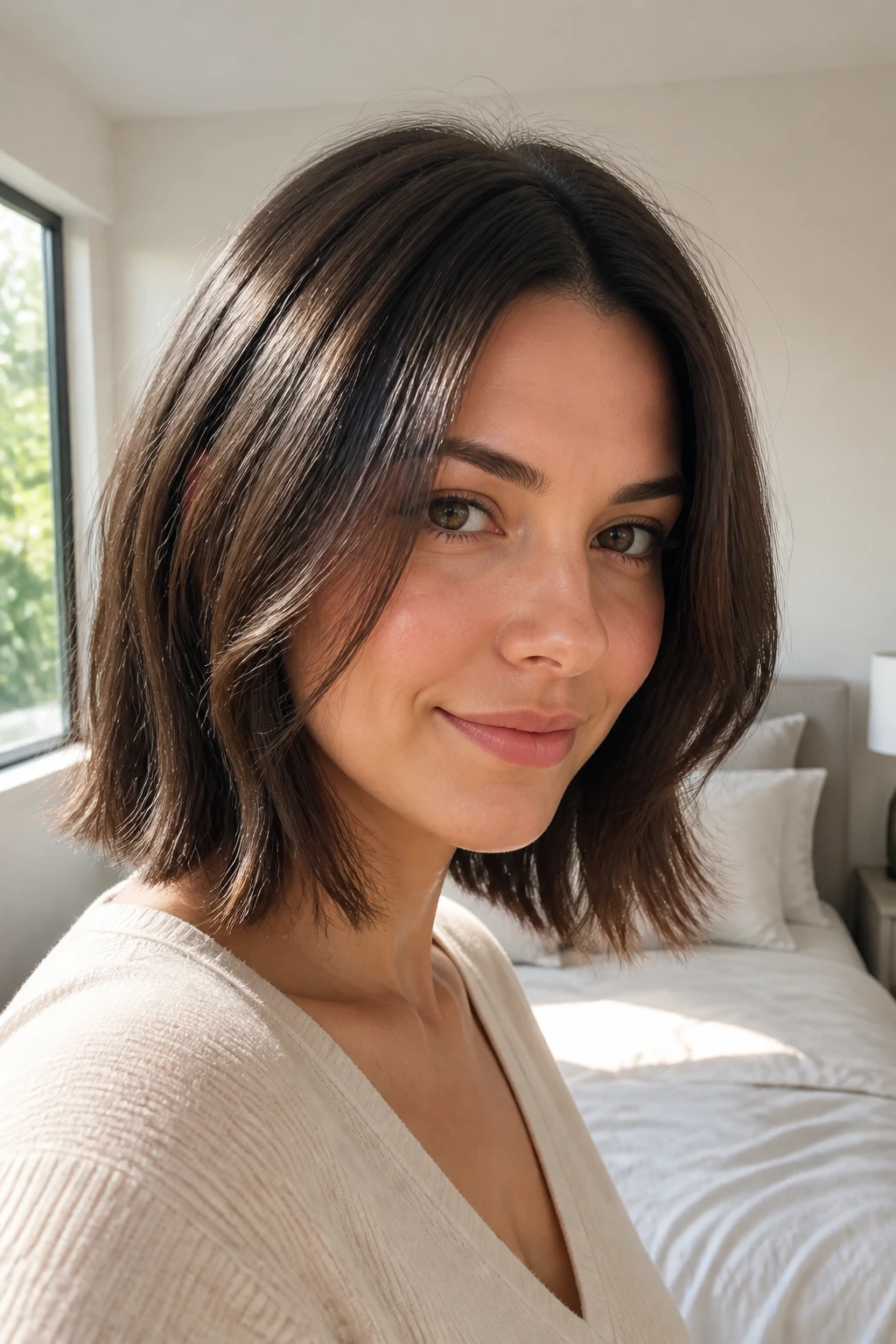 Close-up of a real woman with a razor-soft lob and soft textured ends