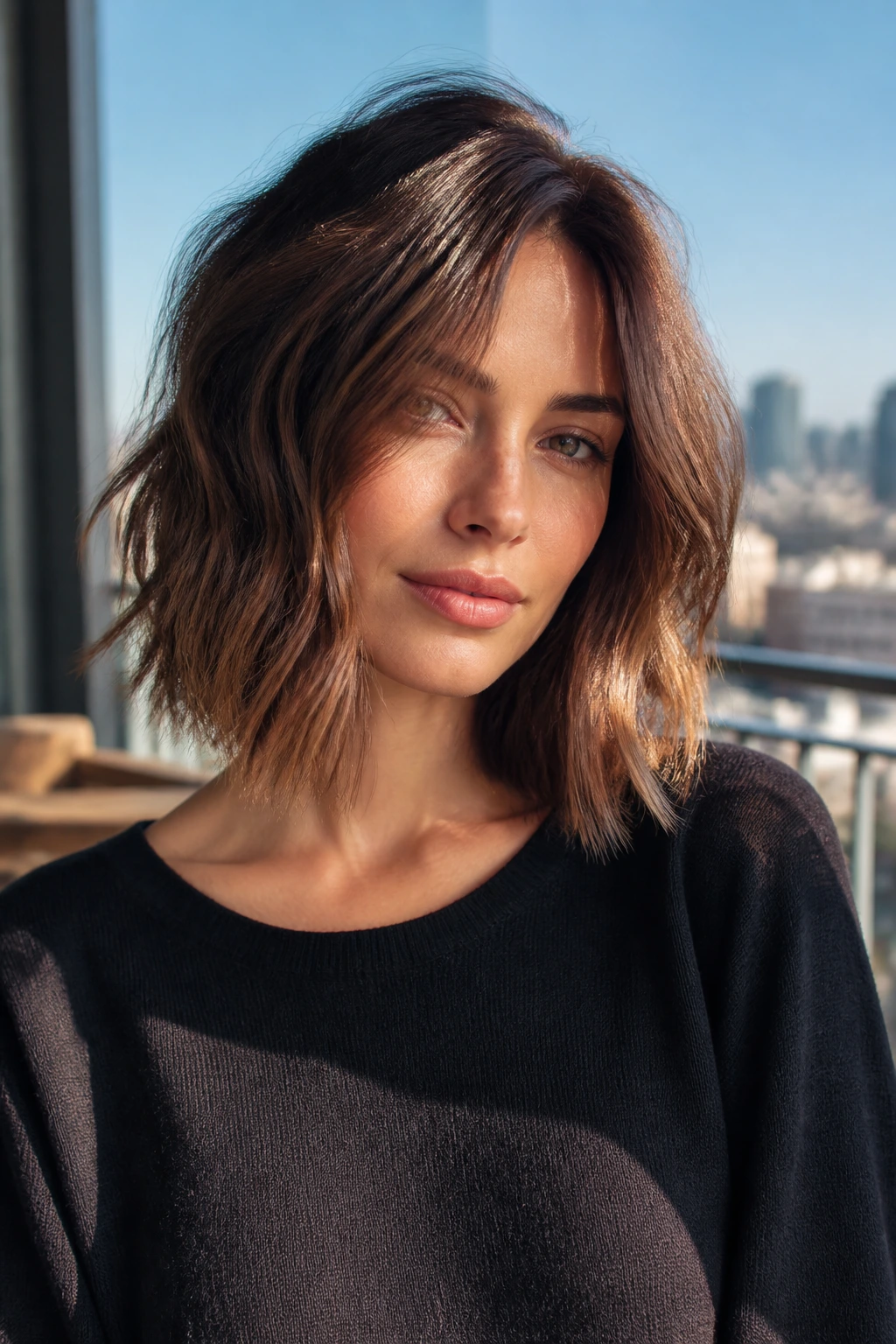 Real woman with razor-soft lob and piecey ends in natural light