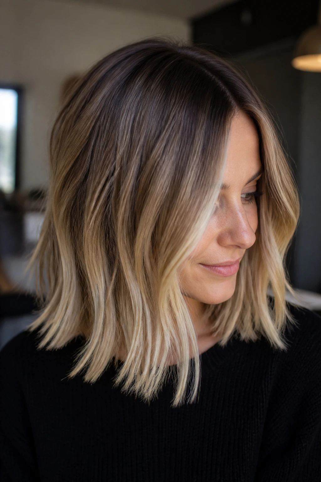 Close-up of a real woman with a razor-soft lob and shadow root hairstyle