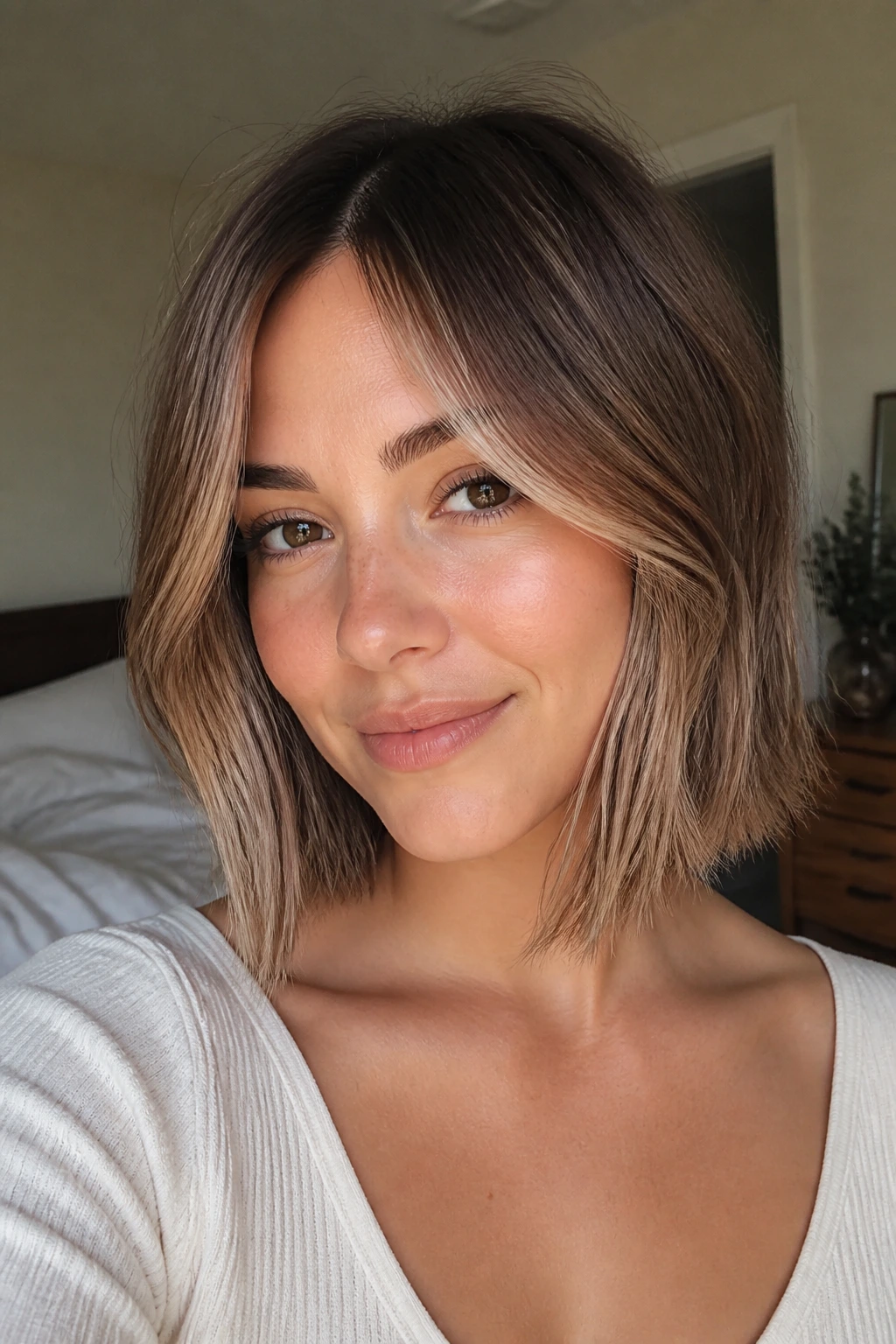 Close-up portrait of a real woman with razor-soft lob and wispy perimeter