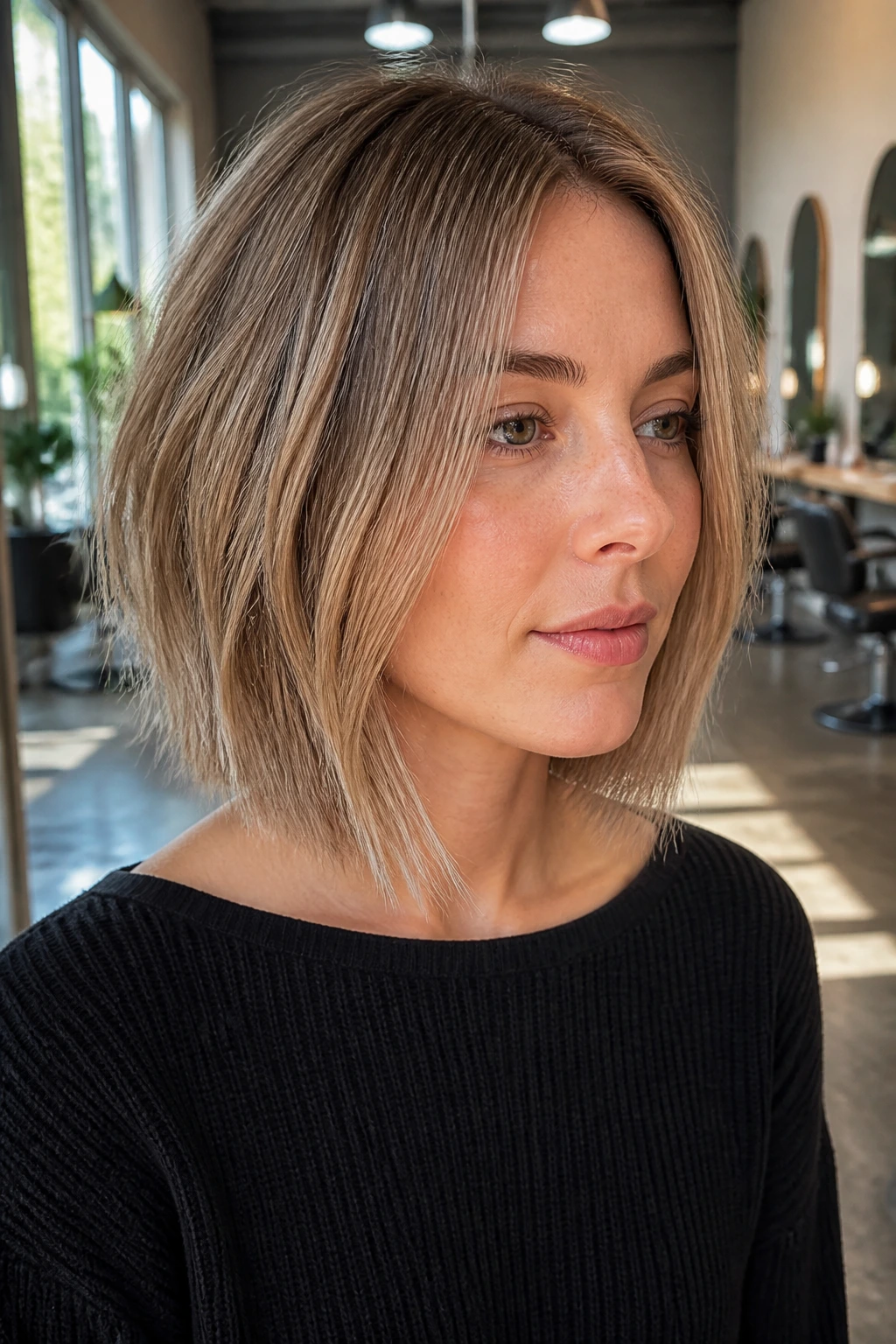 Close-up of a real woman with a razor-soft lob and wispy ends