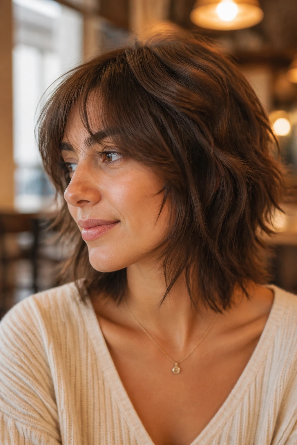 Portrait of a real person with a collarbone-length razor-soft lob wolf cut.