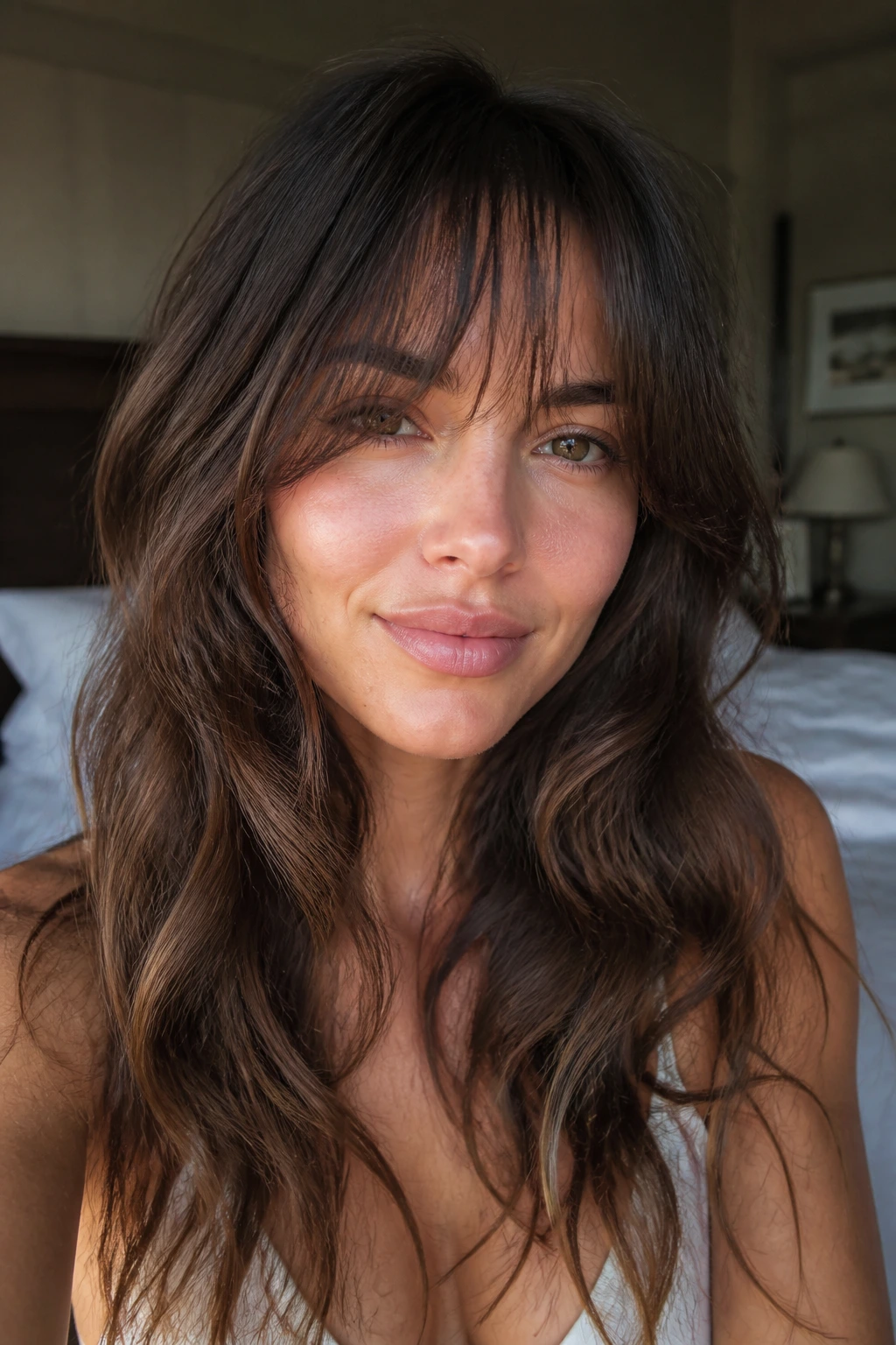 Real woman with razor-soft long bangs in soft morning light