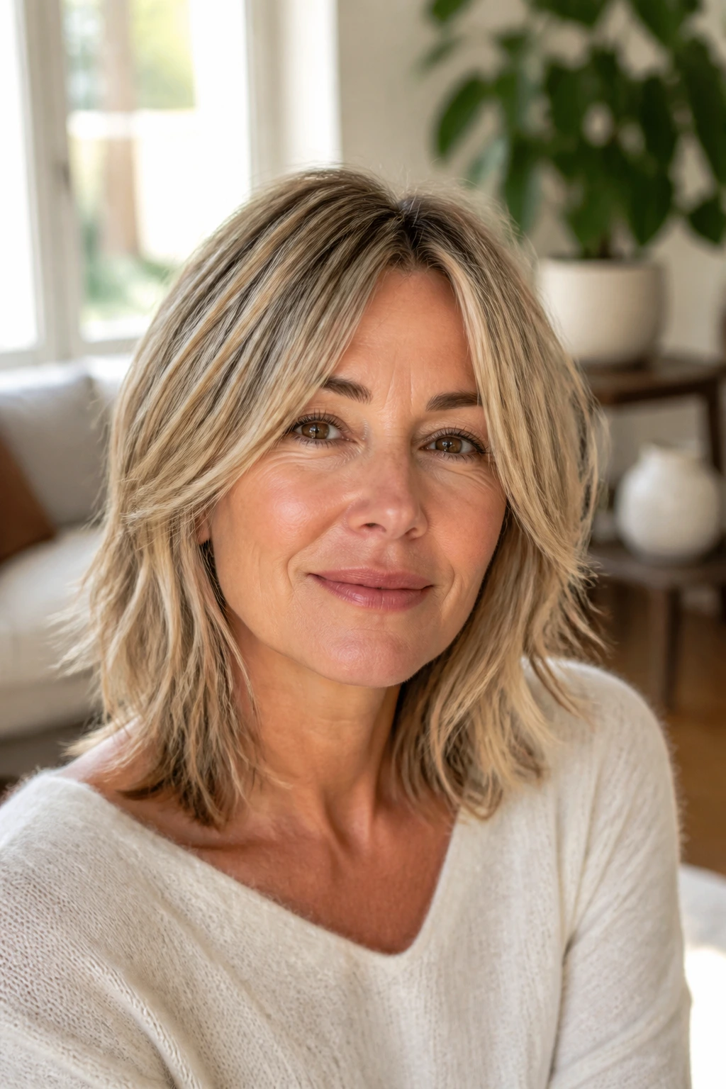 Close-up portrait of a woman with razor-soft midi haircut and piecey ends in a sunlit living room