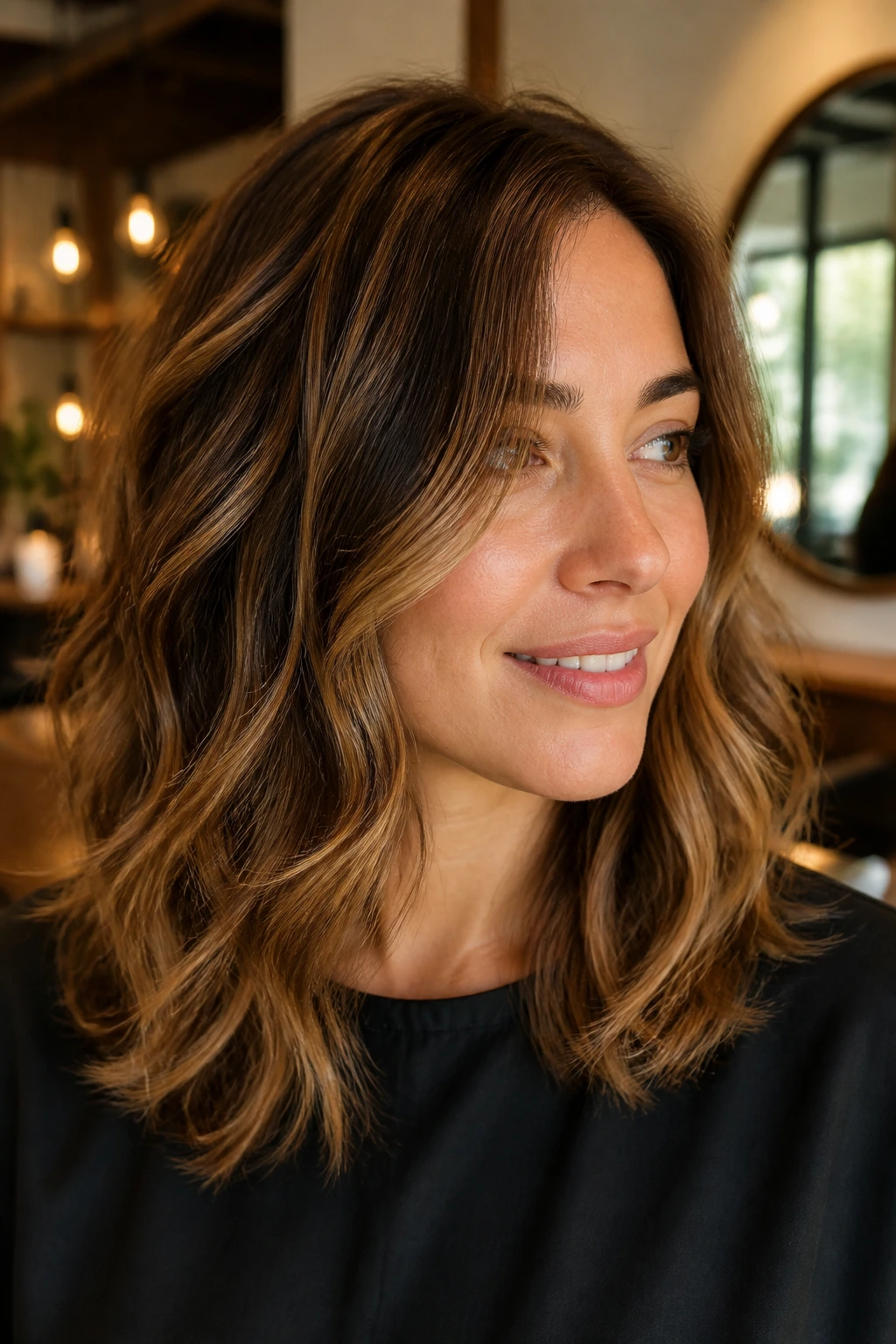 Real woman with Razor-Soft Midlength Cut portrait in a cozy salon