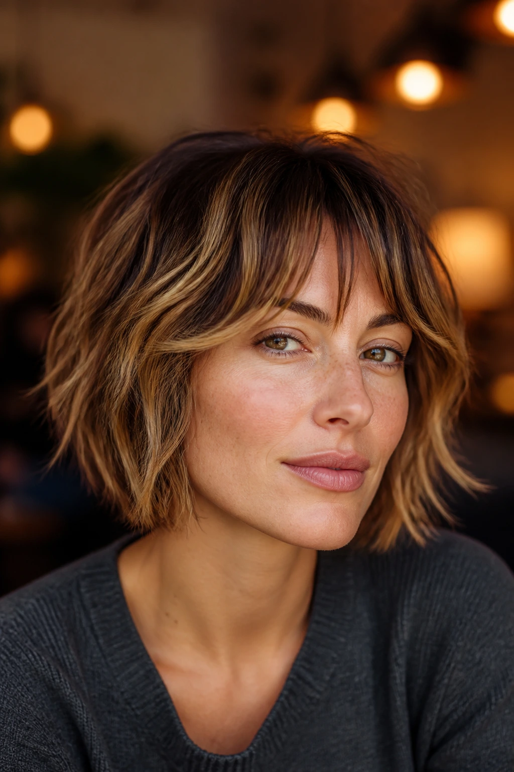 Real woman with razor-soft mini shag bob and caramel highlights