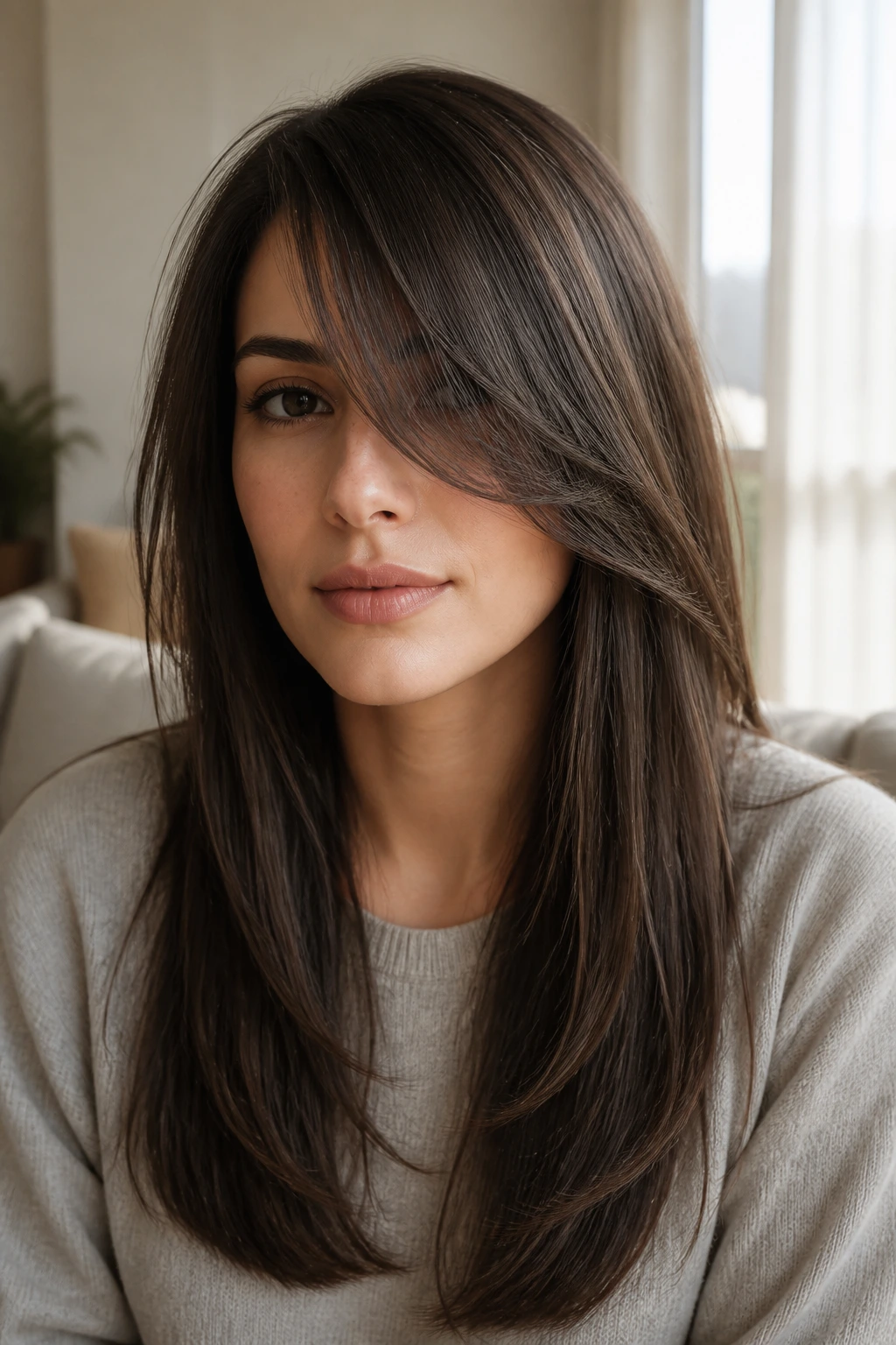 Close-up portrait of a real woman with razor-soft straight layers and tapered side-swept bangs in warm window light.