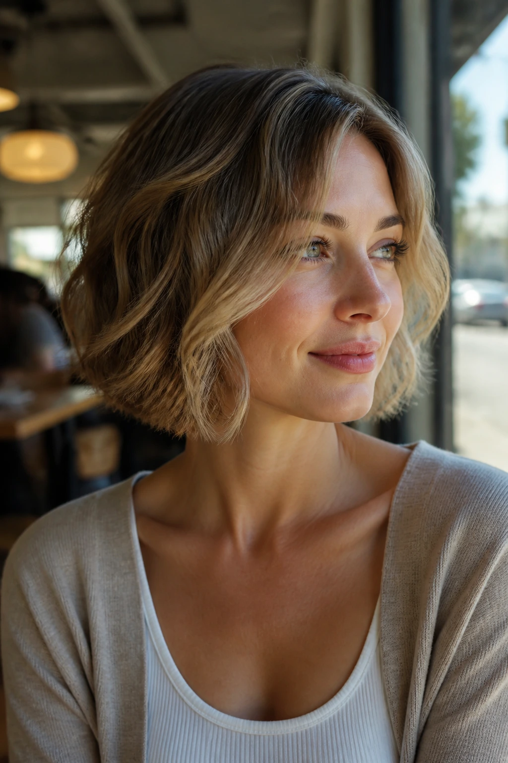 Close-up portrait of a real woman with a razor-soft textured bob and soft mid-length movement.