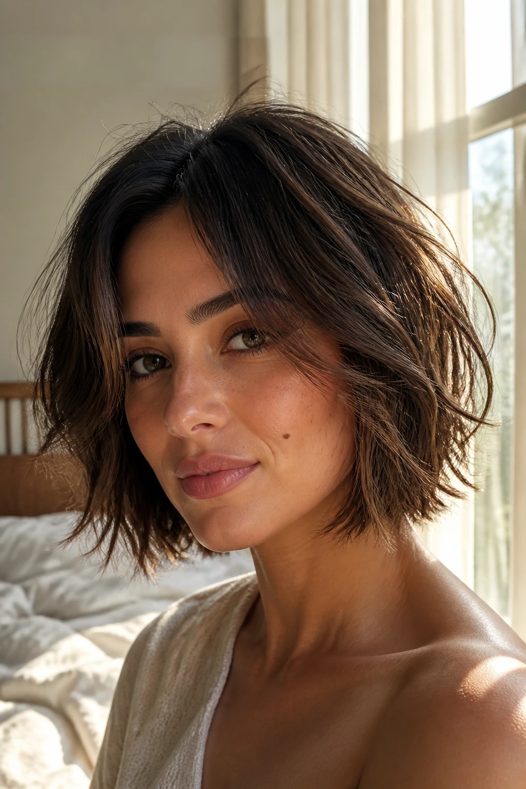 Close-up of a real woman wearing a Razor-Soft Tousled Bob with interior razor texture and light perimeter