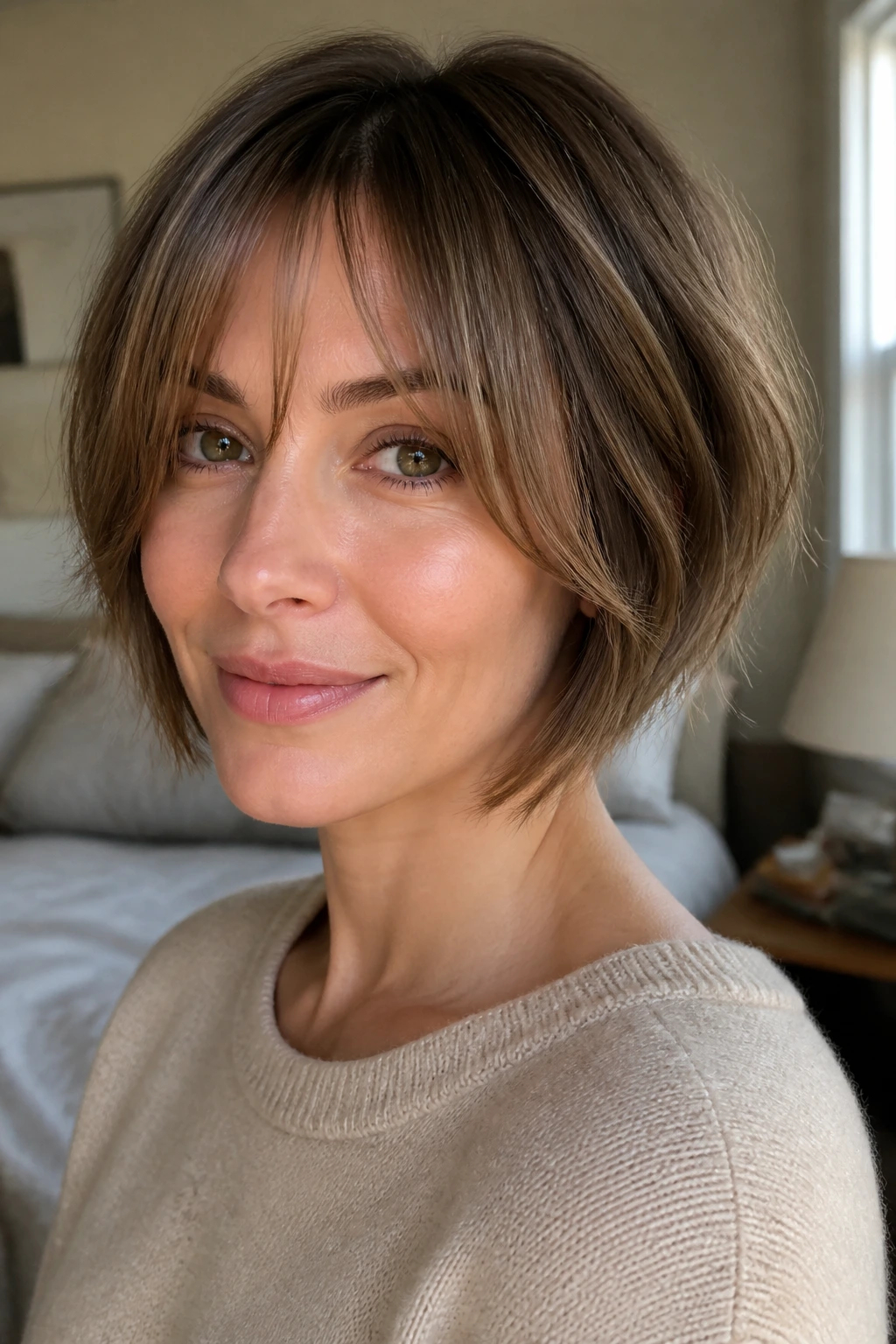 Portrait of a real woman with razor-soft ends and wispy curtain bangs in bright window light